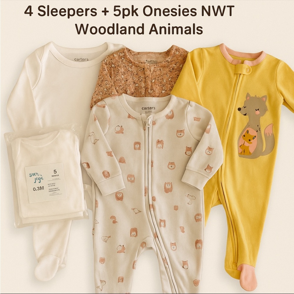 Carter’s Baby Girl Bundle 0–3M | 4 Sleepers + 5pk Onesies NWT | Woodland Animals